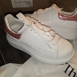Alexander McQueen White Sneakers with Pink Glitter Accent LITTLE GIRLS